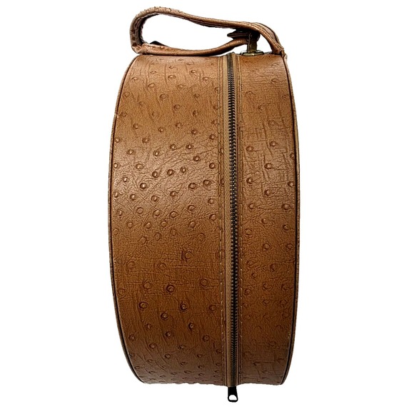 Vintage 1960's Faux Leather Zippered Round Hard Case With Mirror 12"x13"x5" - Picture 2 of 6